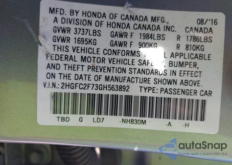 2016 Honda Civic Ex z USA, uszkodzony, nr VIN 2HGFC2F73GH563892